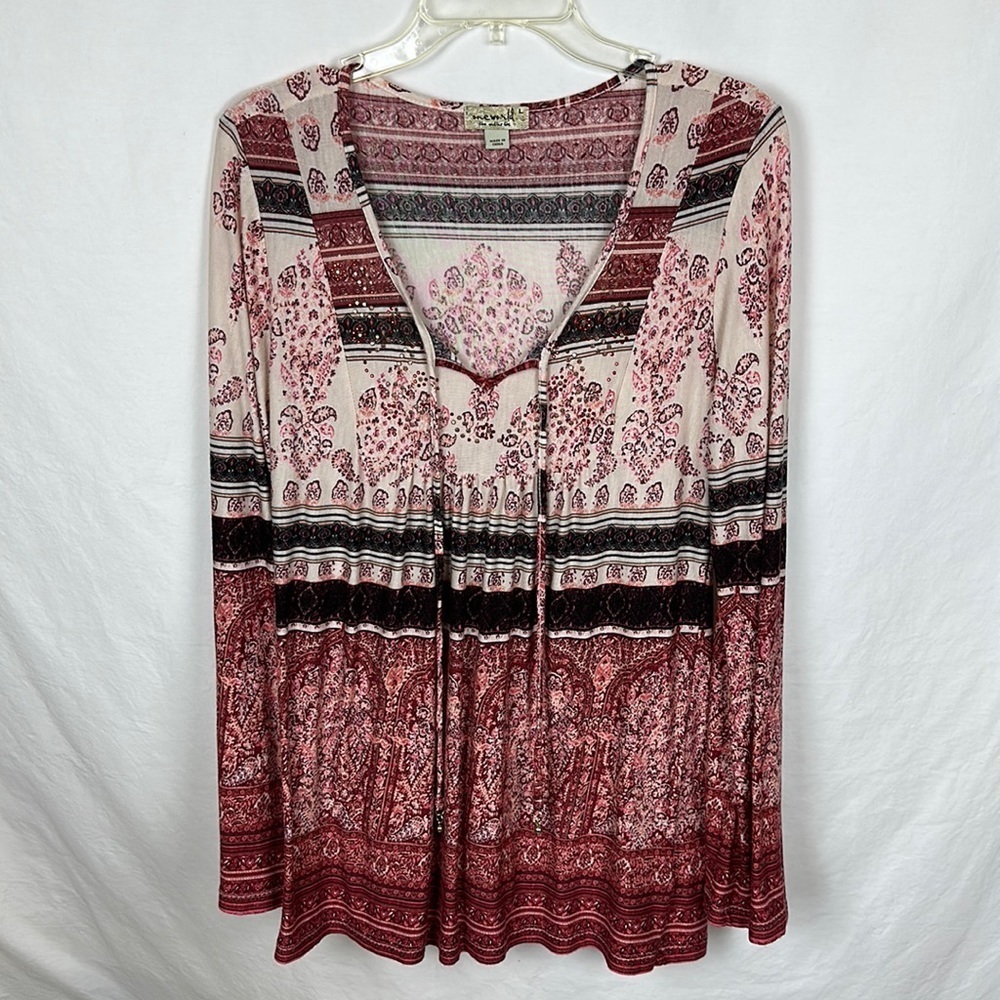 One World Boho tunic with neckline tie, size L